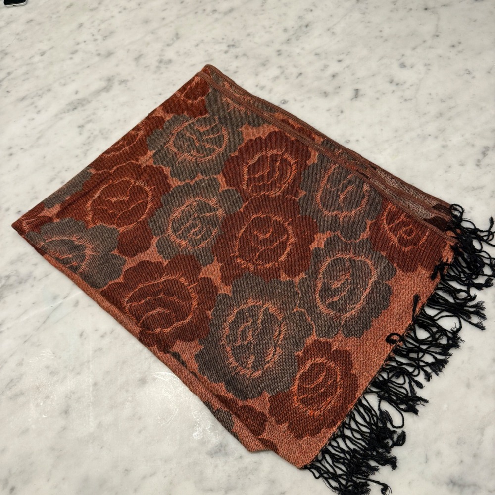 Pashmina 100% Pashmina Floral Rose Shawl Wrap Orange Brown Fringed 70x28